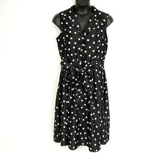 CJ Banks Womens 18W Dress Black White Polka Dot Button Front Belted Sleeveless